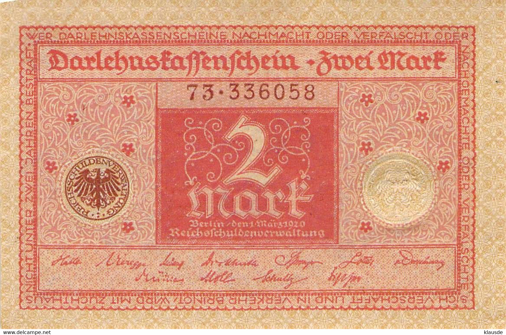 Darlehenskassenschein 2 Mark, 1914, Ro. 522 Scheine Mit Fortlaufender Nummer - 2 Mark