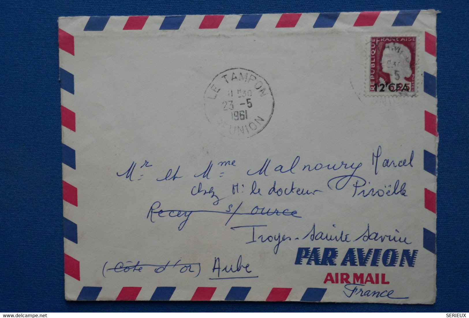 V20 REUNION  FRANCE BELLE  LETTRE 1961 PETIT BUREAU  LE TAMPON  POUR TROYES FRANCE + CFA  AFFRANCHISSEMENT PLAISANT - Lettres & Documents