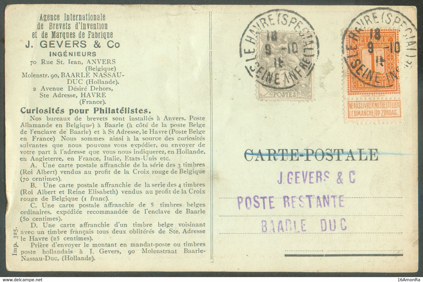 N°108 + France 1c. Blanc  Obl. Sc LE HAVRE (SPECIAL) Sur CP Du 9-10-1916 Vers Baarle-Duc - 18426 - Autres & Non Classés