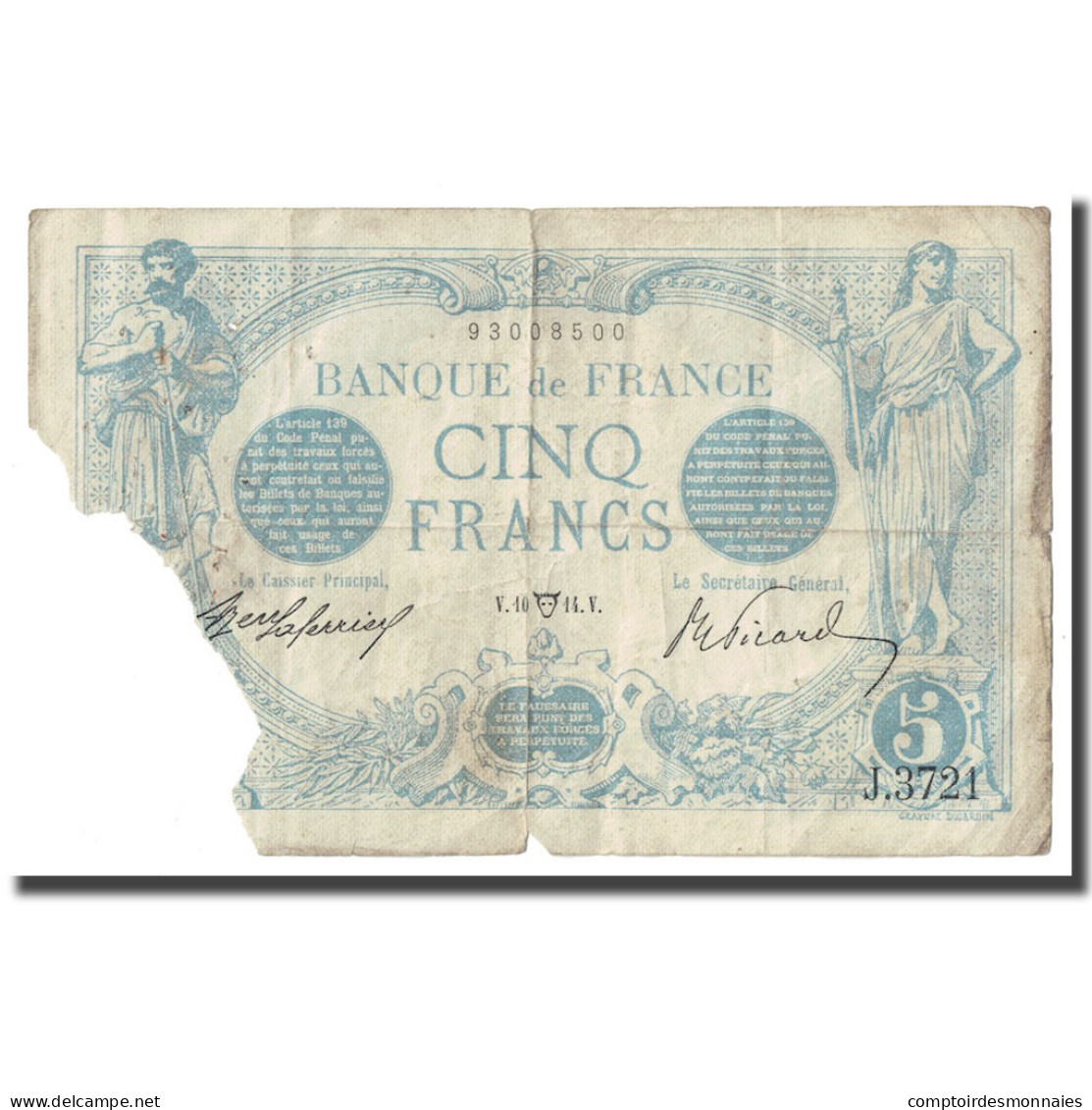 France, 5 Francs, Bleu, 1914, 14-04-10, AB, Fayette:2.21, KM:70 - 5 F 1912-1917 ''Bleu''