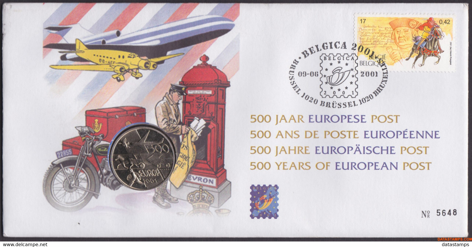 België 2001 - Mi:3046, Yv:2991, OBP:2996, Nummisletter - O - Belgica 2001 500 Years Of European Mail - Numisletters