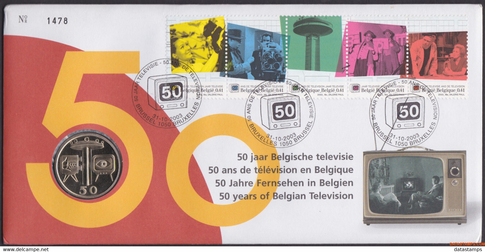 België 2003 - OBP:3213/3217, Nummisletter - O - 50 Years Of Television - Numisletters