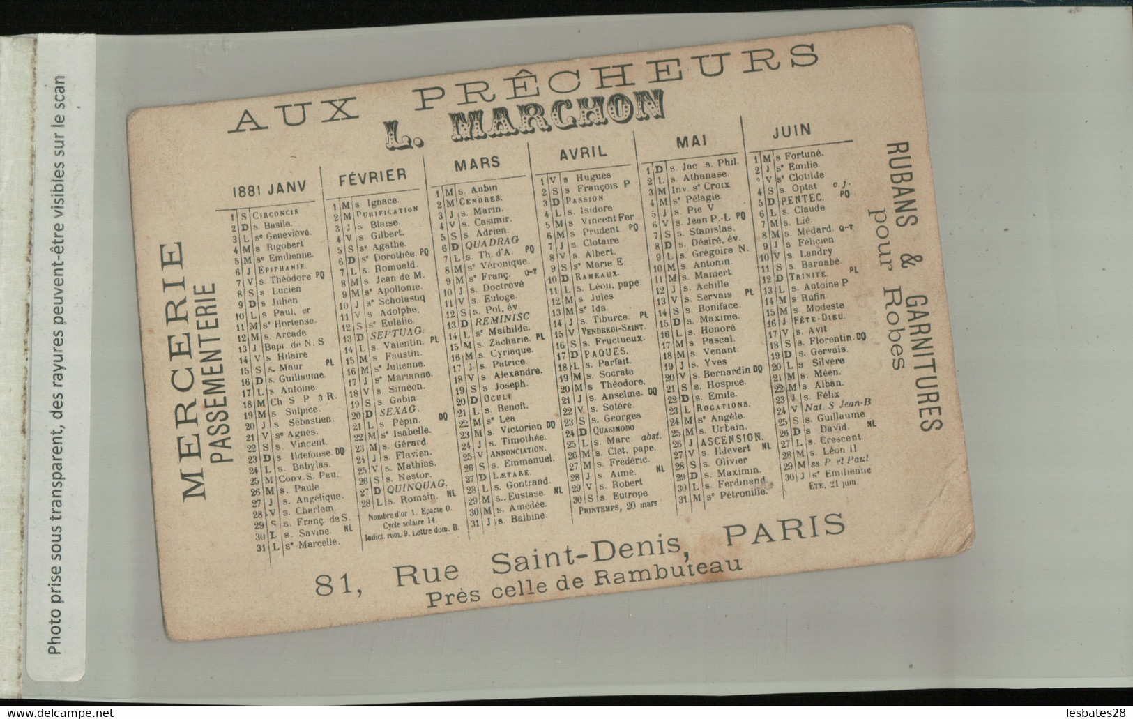 Calendrier 1881 AUX PRECHEURS - L. MARCHON PARIS MERCERIE PASSEMENTIERE LES ARTS LA DANSE (2021 Juillet CHR 457) - Klein Formaat: ...-1900