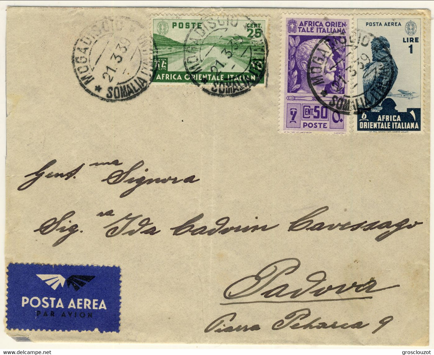 AOI 1939 Lettera Da Mogadiscio A Padova. Bolli AOI Sass. N. 7, 10, 12 Perfetta Qualità - Africa Oriental Italiana