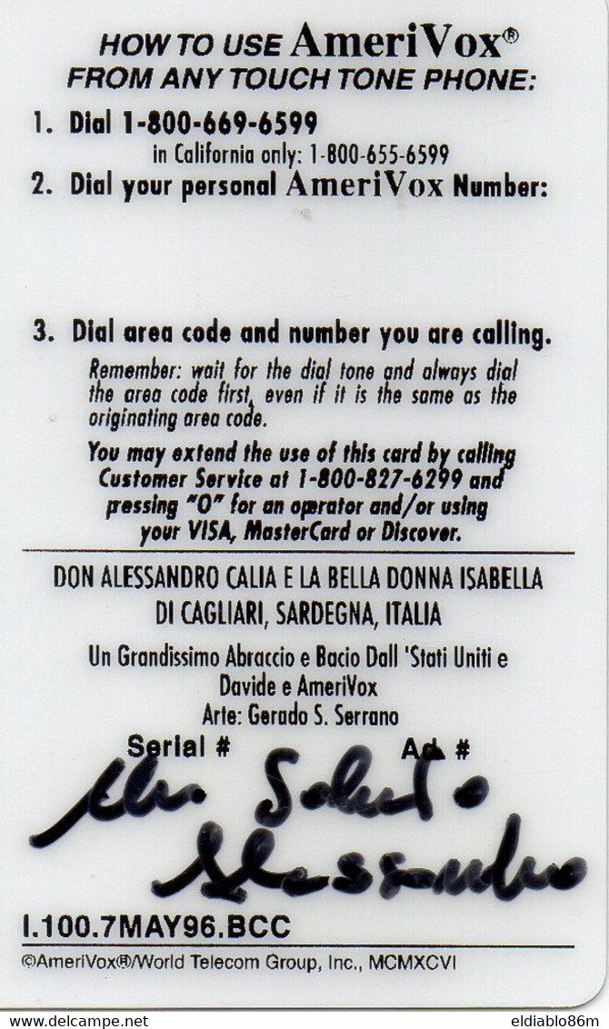 UNITED STATES - AMERIVOX - DON ALESSANDRO E ISABELLA FROM CAGLIARI ITALY - SPECIMEN CARD WITH SIGNATURE - 100ex SCARCE - Amerivox