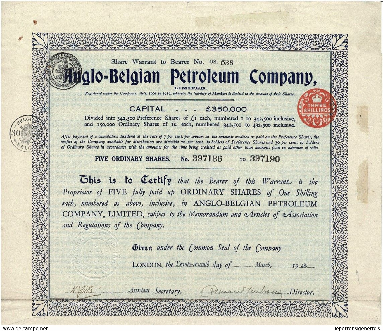 - Titre De 1928 - Anglo Belgian Petroleum Company - - Oil