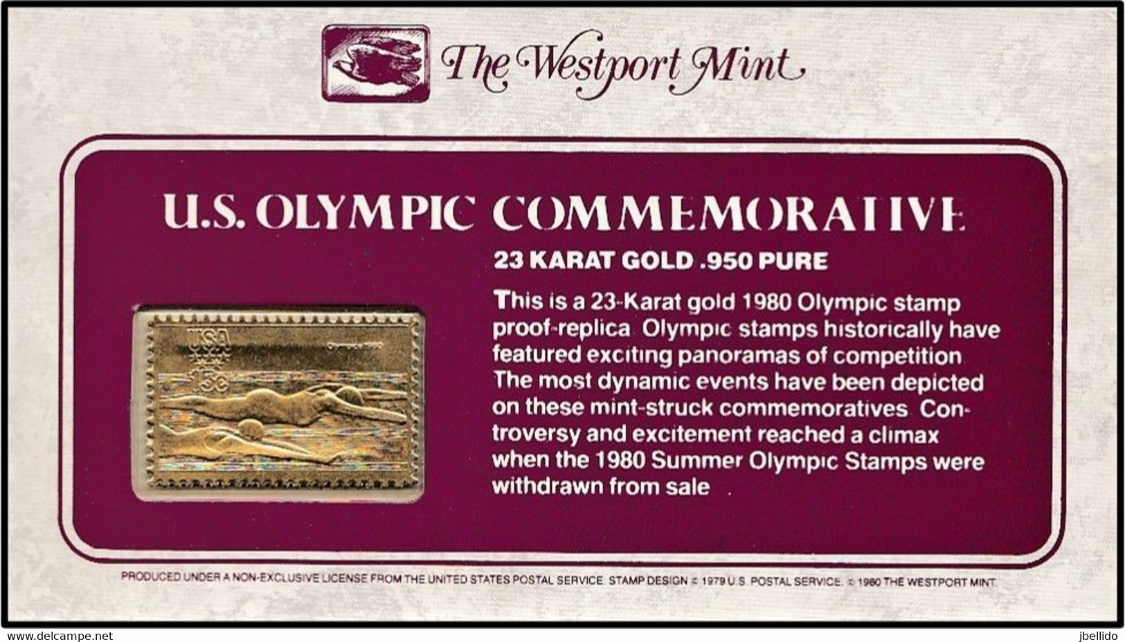 1980 USA OLIMPIC STAMP 23  KARAT GOLD, Proof Replica, Olimpicos Usa Replica Prueba En Oro 23 Q, OLIMPIADA, OLYMPIAD - Andere & Zonder Classificatie