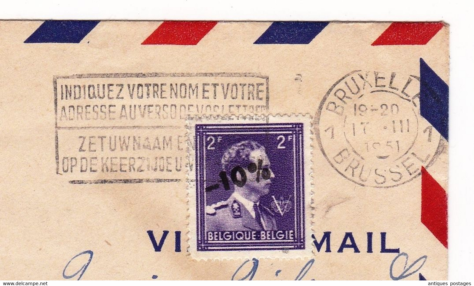 Lettre 1951 Belgique Bruxelles Van Bierbeek Timbre Léopold III Surcharge -10% Schaerbeek - Briefe U. Dokumente