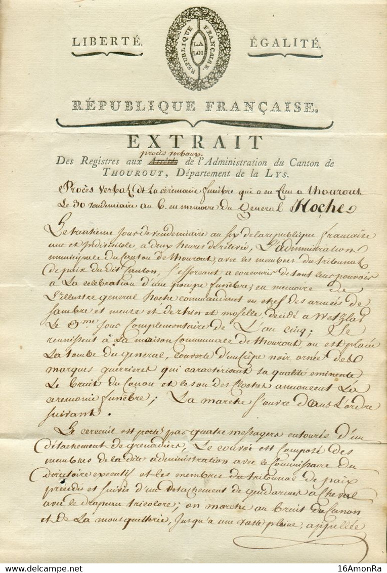 Imprimé Du 21 Octobre 1797 (30 Vendémiaire An 6) EXTRAIT Du Registre Aux PV De L'Administration Du Canton De THOUROUT du - 1794-1814 (Période Française)