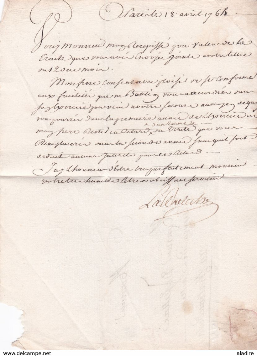 1764 - Lettre pliée avec corresp de Paris en Port Payé vers le Château du Loir , auj. Montval sur Loir, Sarthe