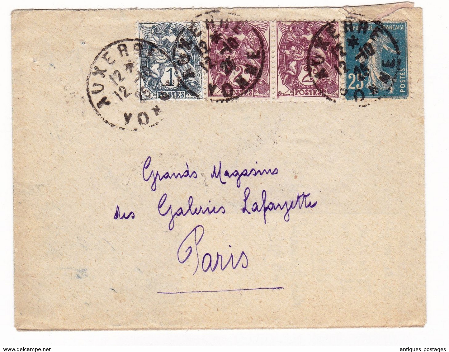 Lettre 1925 Auxerre Yonne Bourgogne Paire Type Blanc 2c - 1900-29 Blanc