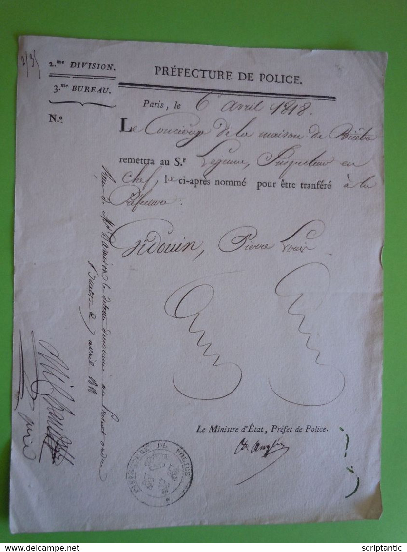 PIèce Signée Jules ANGLES (1778-1828) Préfecture De Police 1818 - Personajes Historicos