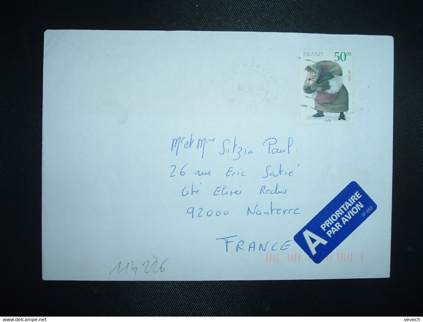 LETTRE Par Avion Pour La FRANCE TP JOL 2000 GRYLA 50 00 OBL.MEC.21 12 00 RECKJAVIK - Lettres & Documents