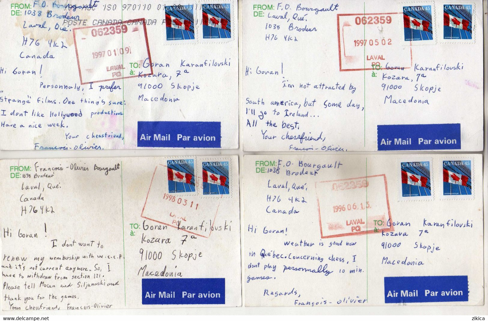 Correspondence LOT - 11 Chess Postcards 1996/97 Via Macedonia - échecs / Schach / Scacchi / Ajedrez,stamps Canada Flag - Covers & Documents