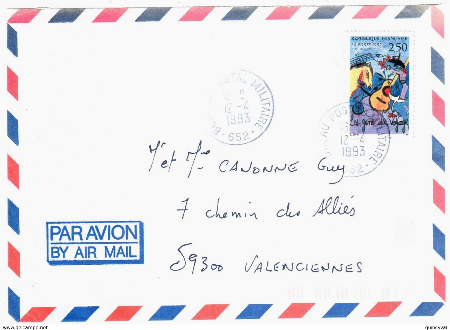 BUREAU POSTAL MILITAIRE 652 Lettre 2,50 F Les Gens Du Voyage Yv 2784 Ob 12 4 1993 Exp 102° EPC - Militärstempel Ab 1900 (ausser Kriegszeiten)