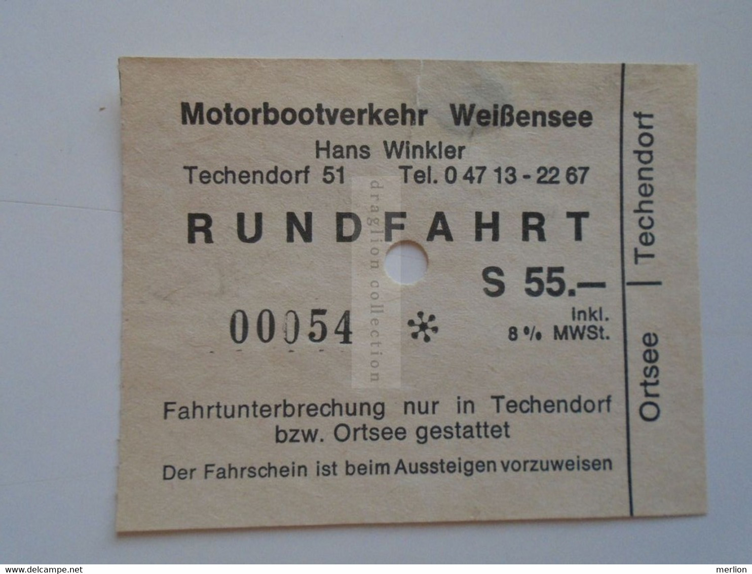 DT019.1 Österreich Motorbootverkehr  Weißensee - Hans Winlker -Rundfahrt  S.55. - Ortsee Tehchendorf  Fahrkarte - Europa