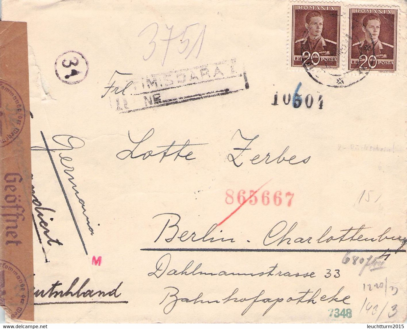 ROMANIA - REGISTERED LETTER WWII TIMISOARA > BERLIN -CENSOR- /QC105 - World War 2 Letters