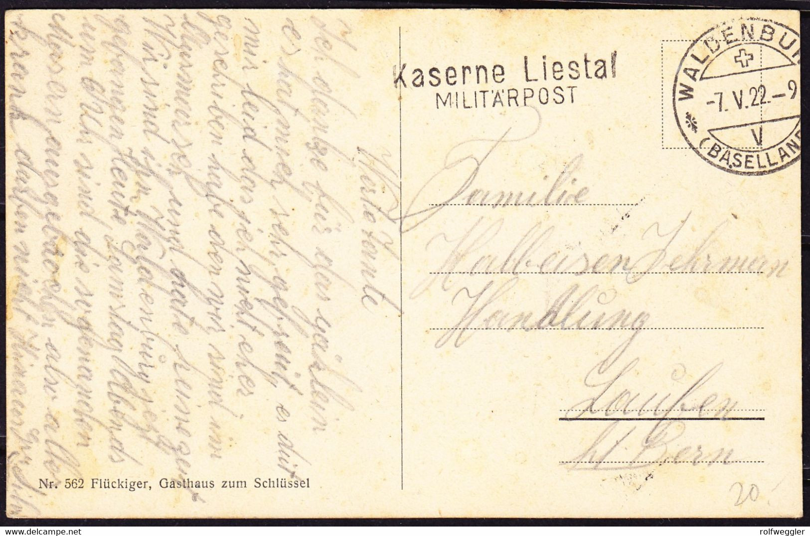 1922 Gelaufene AK Aus Waldenburg, Gasthaus Zum Schlüssel. Rückseitig Etwas Fleckig Mit Militärstempel - Waldenburg