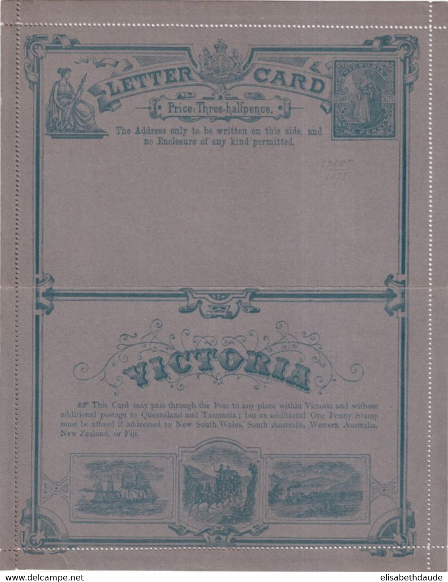 VICTORIA - SUPERBE CARTE-LETTRE ENTIER ILLUSTREE (BATEAU / DILIGENCE / TRAIN) - "PRICE : Three-halfpence" - Lettres & Documents