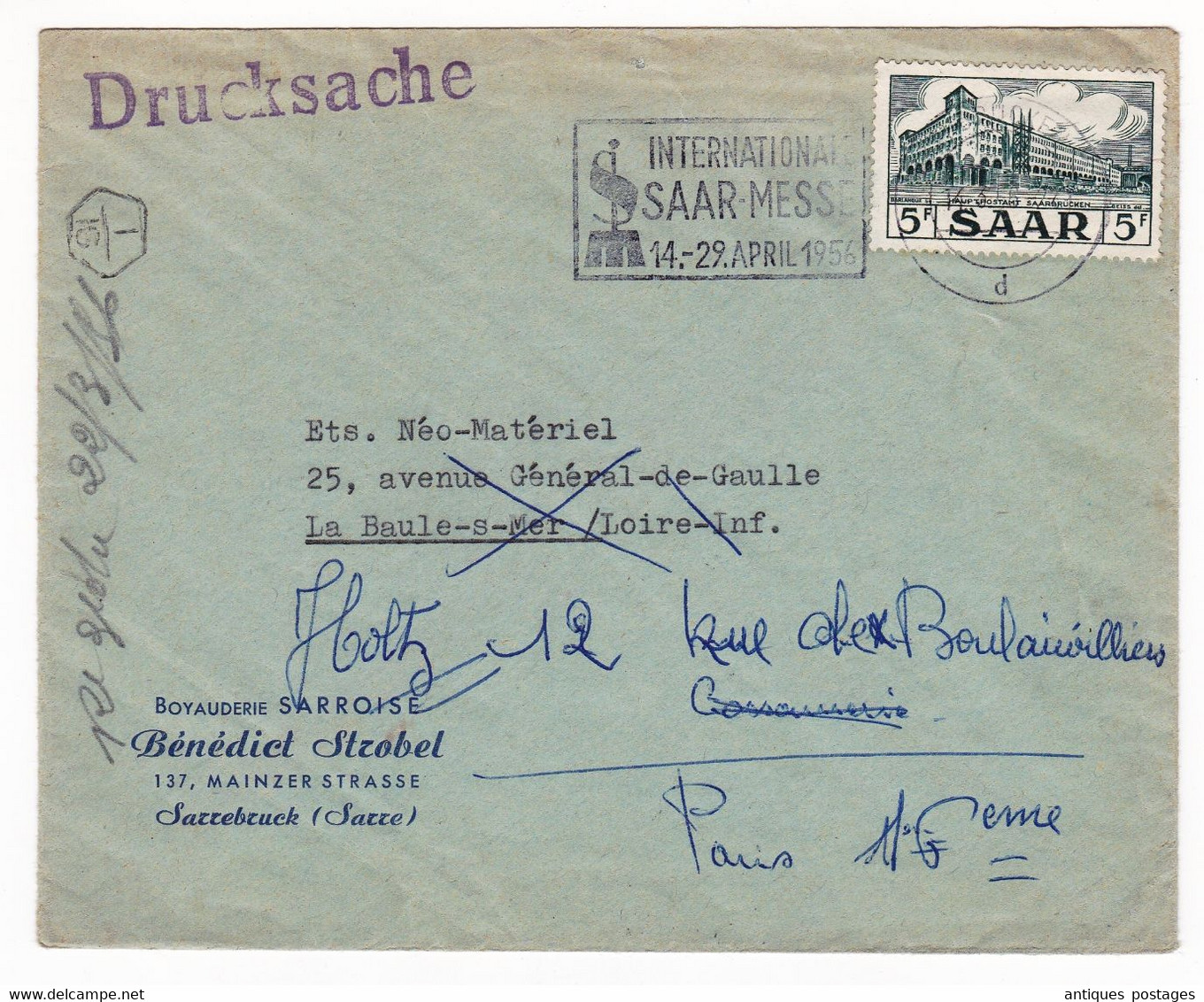 Lettre 1956 Sarre Saar Messe International Boyauderie Sarroise Benedict Strobel Sarrebruck La Baule - Storia Postale