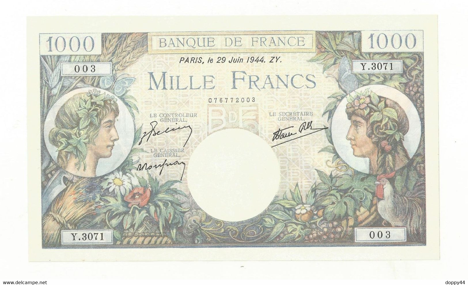 BILLET 1000 FRANCS TYPE COMMERCE ET INDUSTRIE DATE 29/06/1944 ZY  SERIE Y.3071 - 003  SPLENDIDE.  F.39 09  SPL - 1 000 F 1940-1944 ''Commerce Et Industrie''