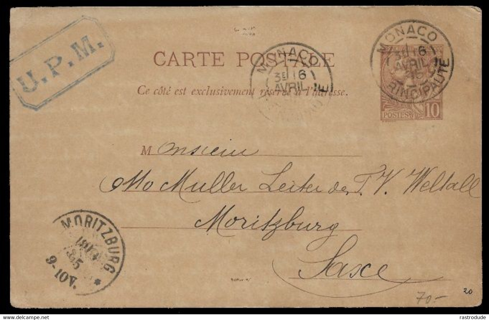 1895, 16 AVRIL -  MONACO - ENTIER 10C Mi. P6 A MORITZBURG, SAXE, ALLEMAGNE - Ganzsachen