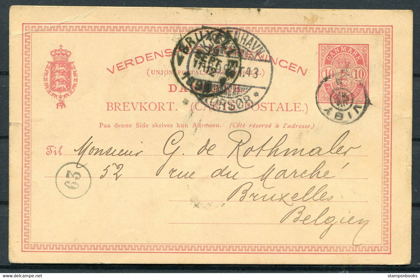 1899 Denmark 10ore Stationery Postcard VIBY Copenhagan Star Stjernestempler - Bruxelles Belgium - Briefe U. Dokumente