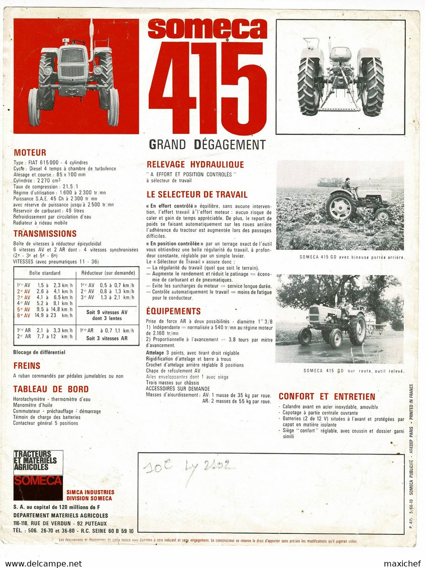 Fiche Publicitaire, Format 21 X 27 Cm Tracteur "Someca 415 Grand Dégagement" Caractéristiques Techniques - SIMCA - Tractors