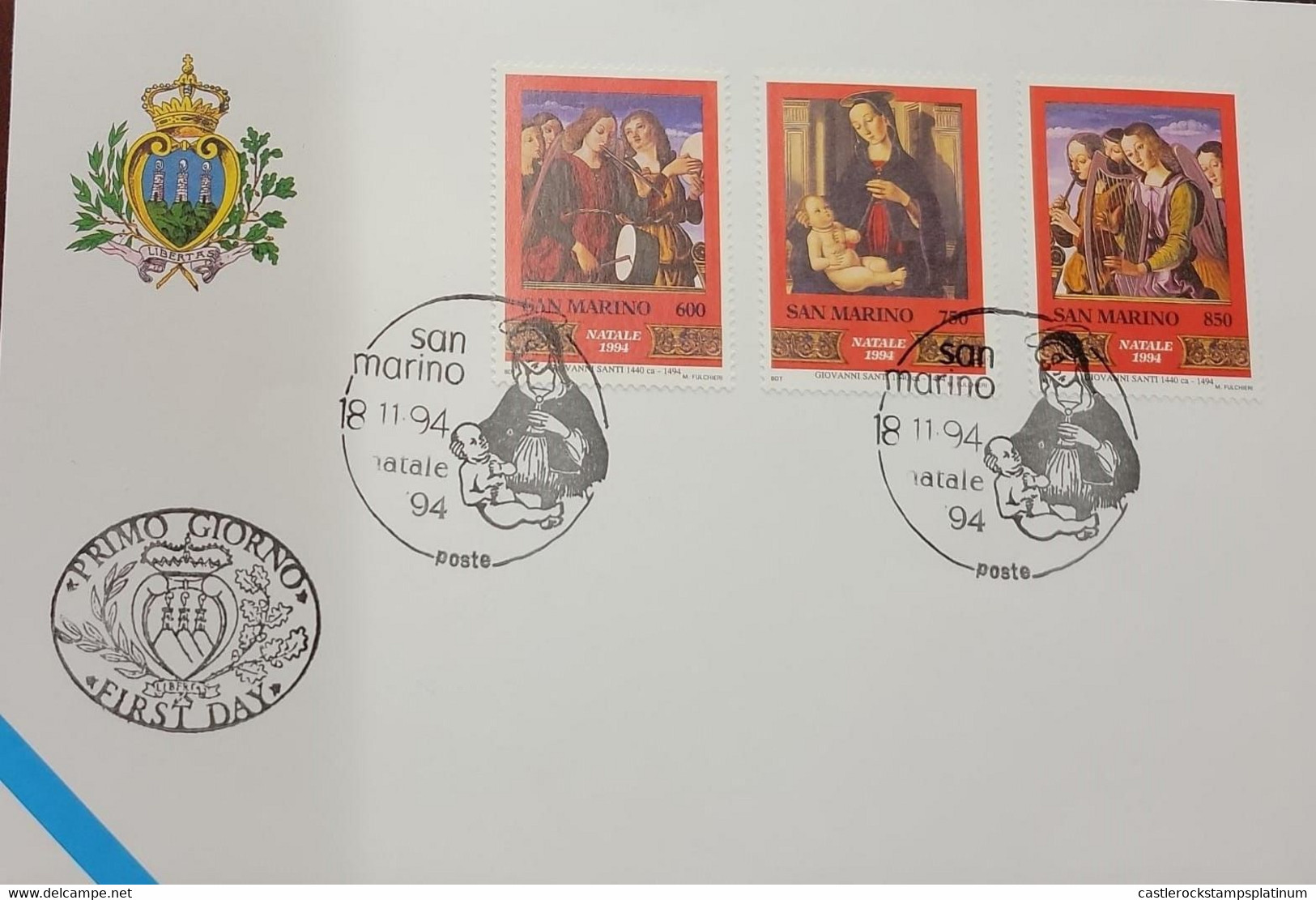 A) 1994, SAN MARINO, CHRISTMAS, FDC, V CENTENARY OF THE DEATH OF GIOVANNI SANTI, XF - Covers & Documents