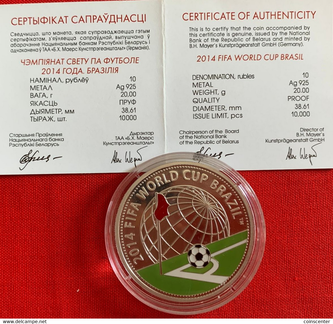 Belarus 10 Roubles 2013 "FIFA 2014 World Cup Brasil" Silver Coin PROOF - Belarus