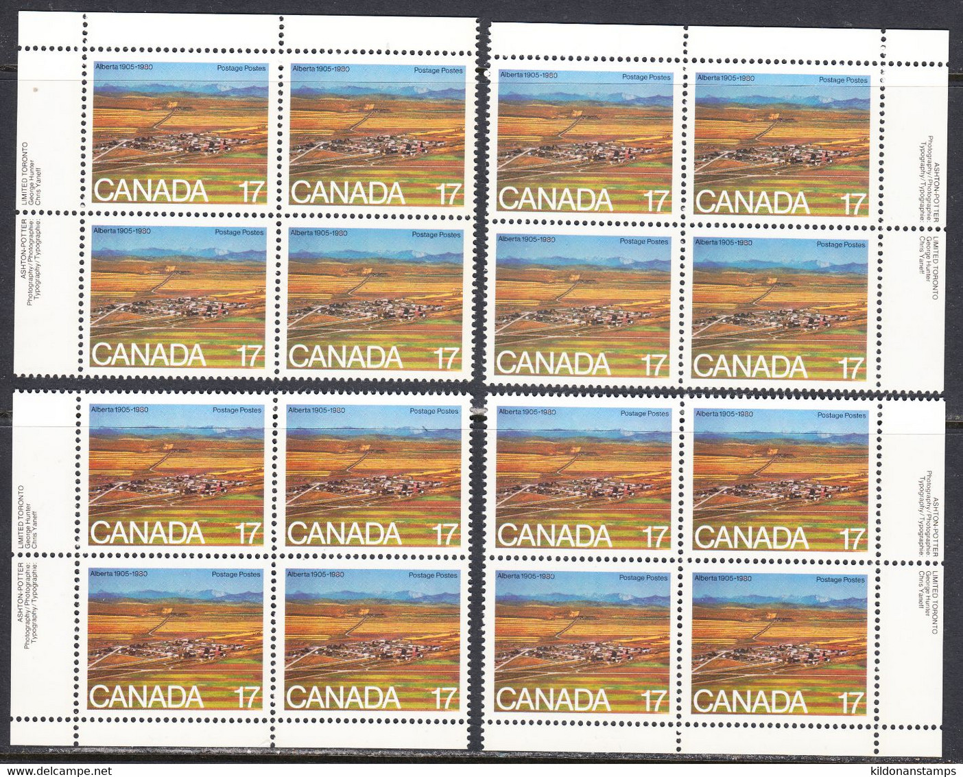 Canada 1980 Saskatchewan & Alberta, Mint No Hinge, Corner Blocks, Sc# 864, SG - Nuevos