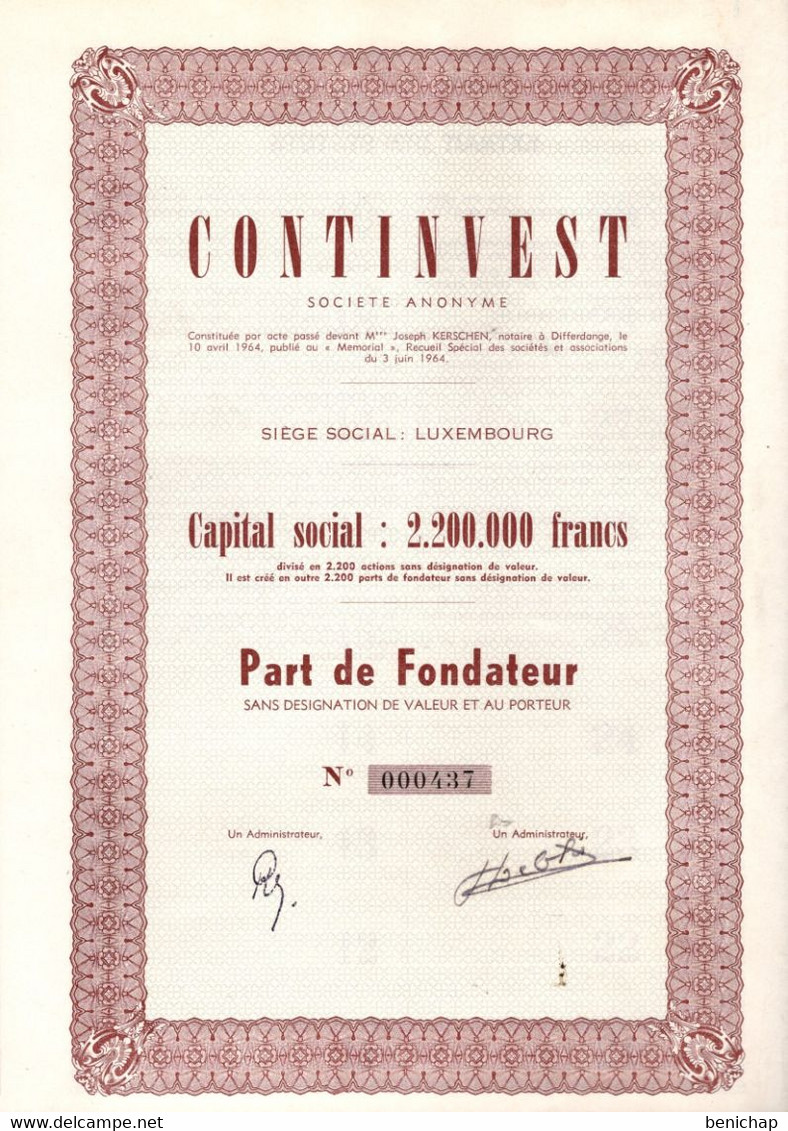 S.A. CONTINVEST - LUXEMBOURG - Part De Fondateur Sans Désignation De Valeur Et Au Porteur - JUIN 1964 - Elektriciteit En Gas