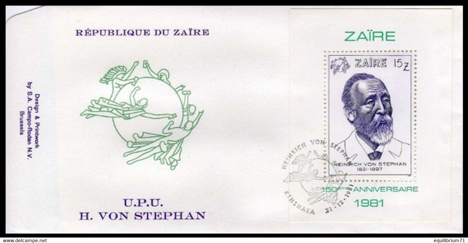 FDC (BL50) 150 Ans De La Naissance De Heinrich Von Stephan /  150e Verjaardag Van Heinrich Von Stephan  - ZAÏRE - 1980-1989