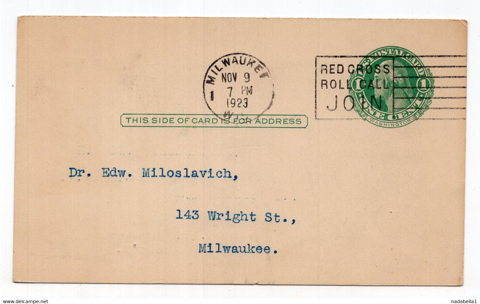 1923 USA,MILWAUKEE,1 CENT STAMPED STATIONERY CARD,FLAM: RED CROSS ROLL CALL, JOIN - 1921-40