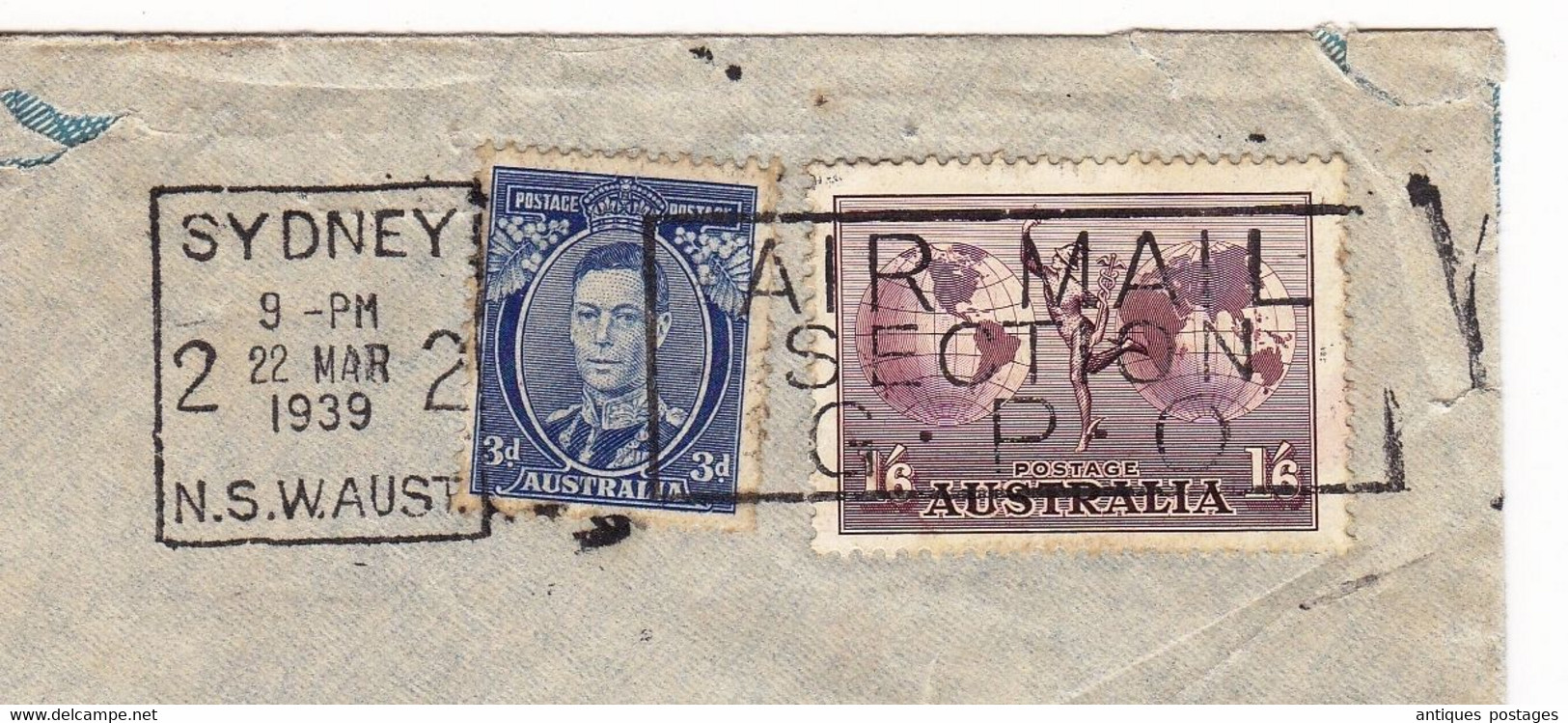 Lettre Australie 1939 Sydney Australia Air Mail Zurich Switzerland Suisse - Brieven En Documenten