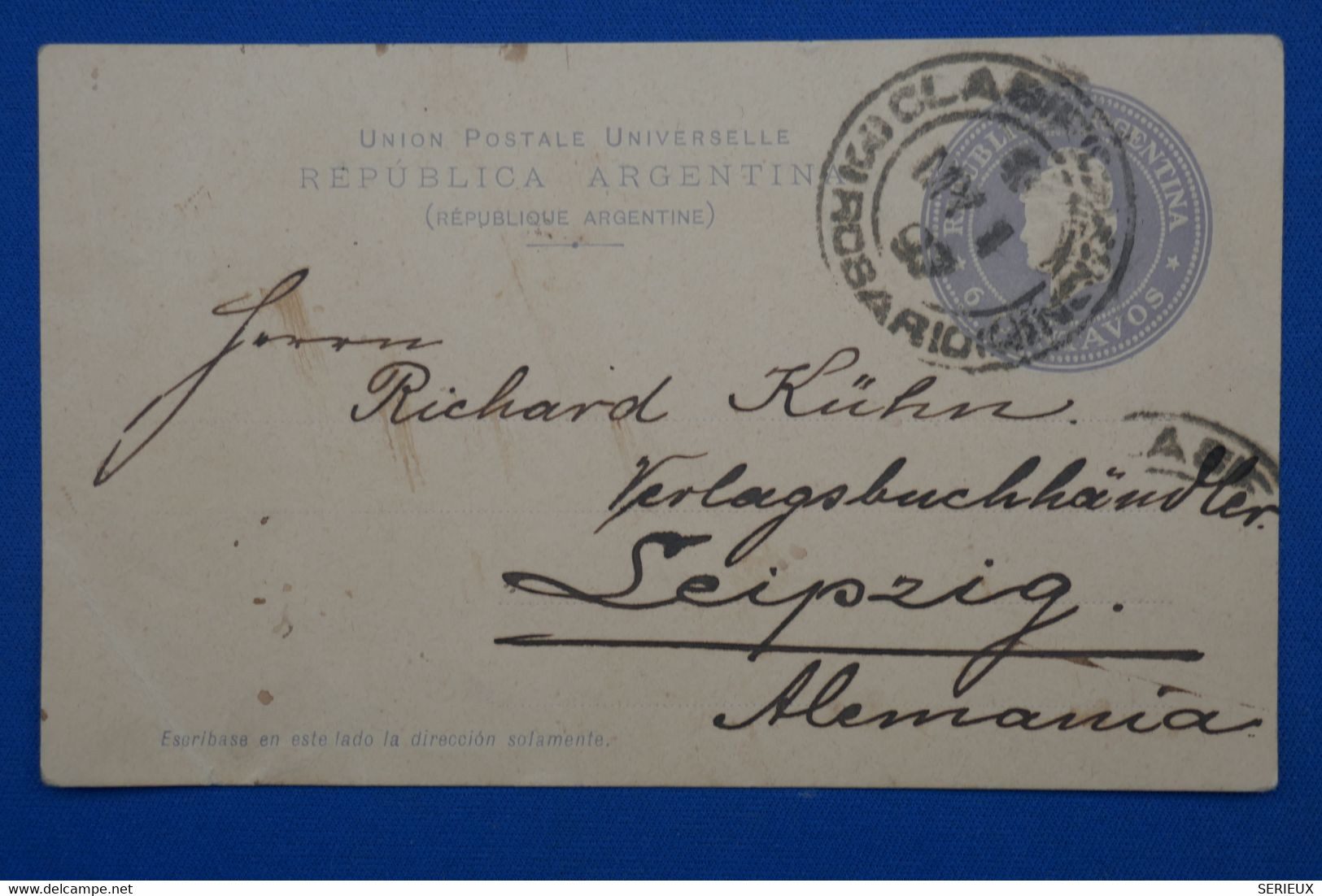 W14 ARGENTINA BELLE CARTE RARE 1897 ROSARIO  POUR LEIPZIG ALEMANIA VIA BUENOS AIRES + + AFFRANCH. INTERESSANT - Lettres & Documents
