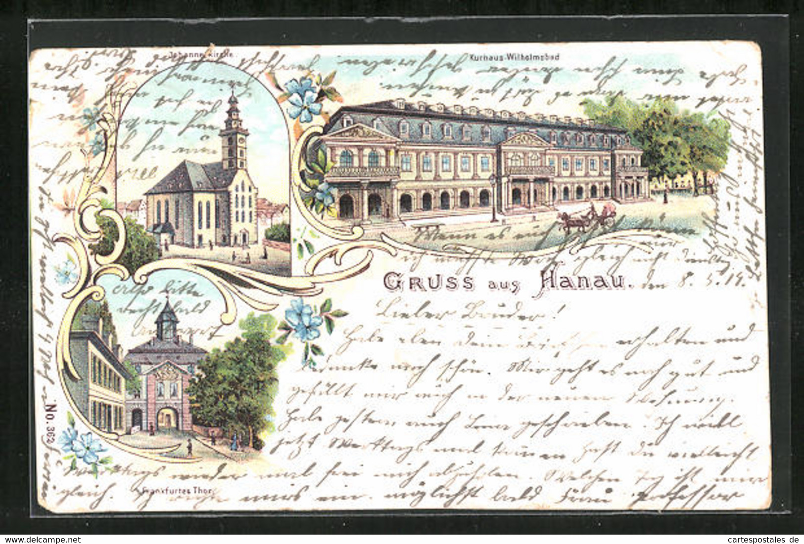 Lithographie Hanau, Kurhaus Wilhelmbad, Frankfurter Tor, Johanneskirche - Hanau