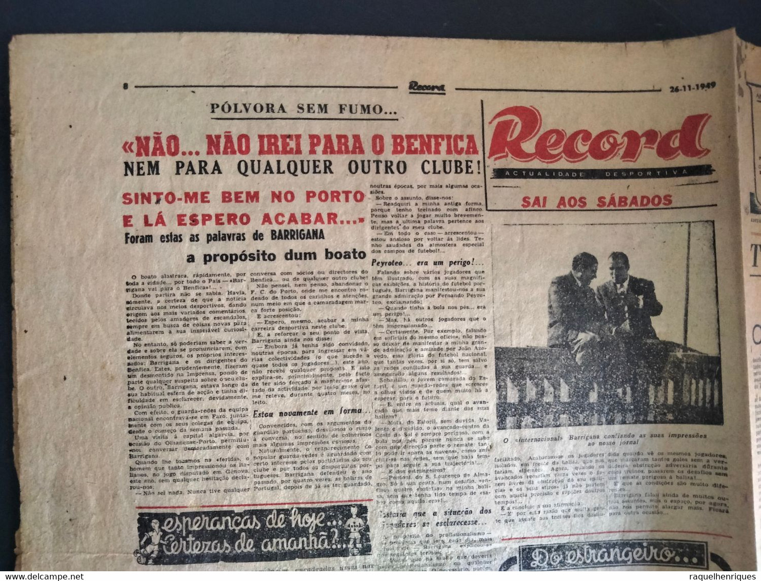 JORNAL RECORD Nº 1 - 26 De NOVEMBRO 1949 - 8 PAGINAS DESDOBRAVEL - RARO - Deportes