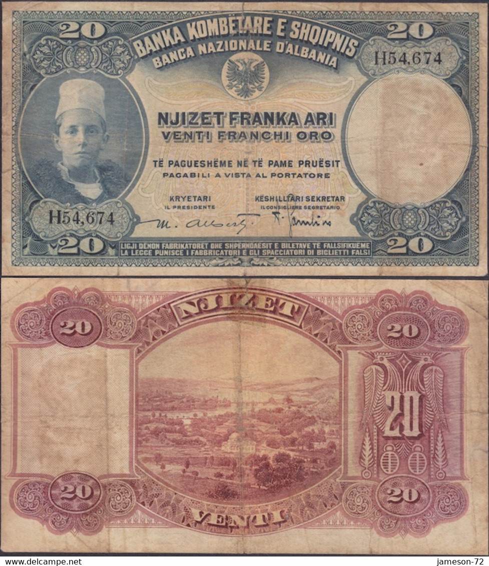 ALBANIA - 20 Franca Ari ND (1926) P# 3 Europe Banknote - Edelweiss Coins - Albania