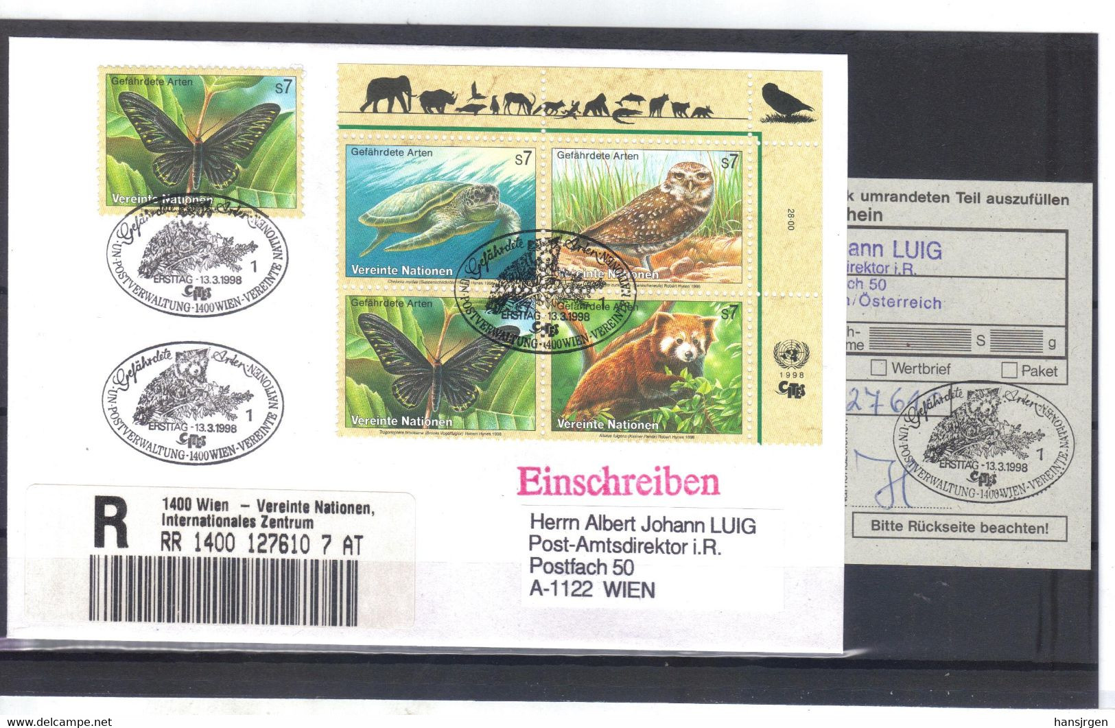 KTM76 UNO WIEN 1998 RECO-BRIEF MICHL 248/51 ZD VIERERBLOCK  Mit  AUFGABESCHEIN Siehe ABBILBUNG - Cartas & Documentos