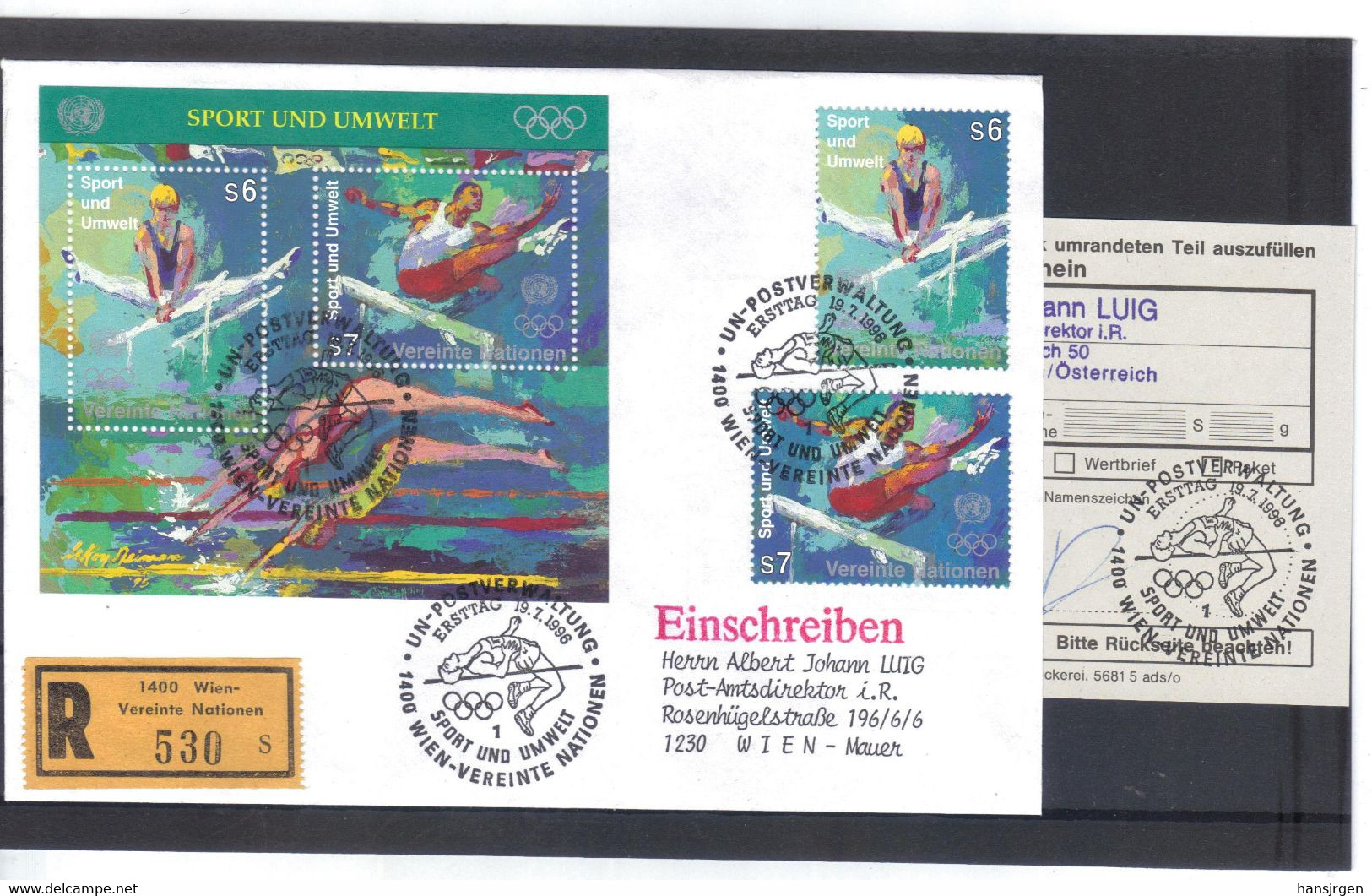 KTM83 UNO WIEN 1996 RECO-BRIEF MICHL 214/15 + BLOCK 7  Mit  AUFGABESCHEIN Siehe ABBILBUNG - Covers & Documents