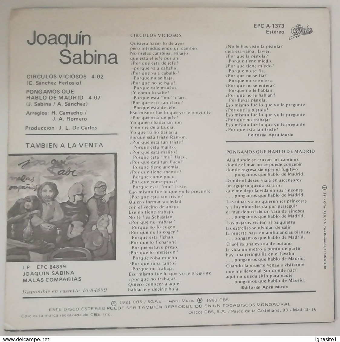 Joaquin Sabina - Círculos Viciosos / Pongamos Que Hablo De Madrid - Disco Promocional - Año 1981 - Sonstige - Spanische Musik