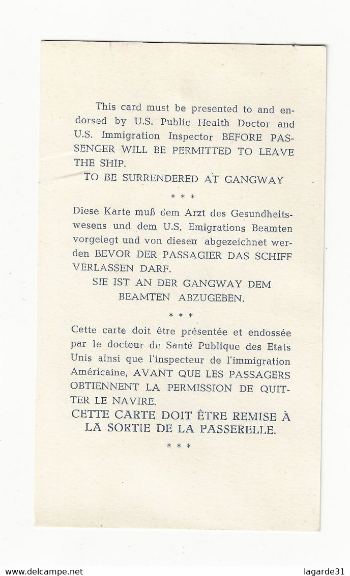 Landing Card For Tourist Class Carte D'arrivée Quebec 1957 - Autres & Non Classés