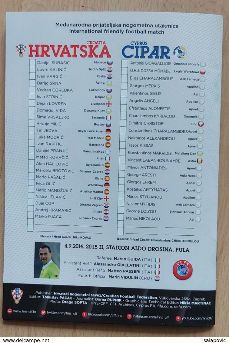 CROATIA vs CYPRUS - 2014. Friendly football match   FOOTBALL CROATIA FOOTBALL MATCH PROGRAM