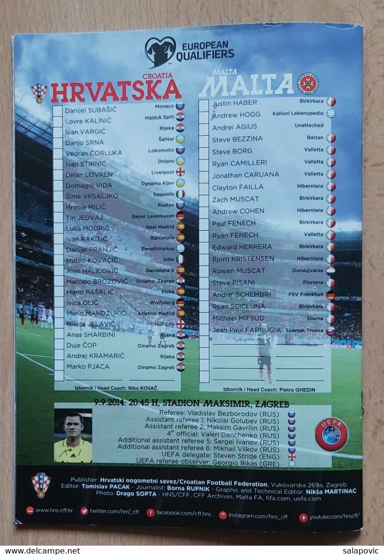 CROATIA vs MALTA - 2016 UEFA EURO qualifications FOOTBALL CROATIA FOOTBALL MATCH PROGRAM