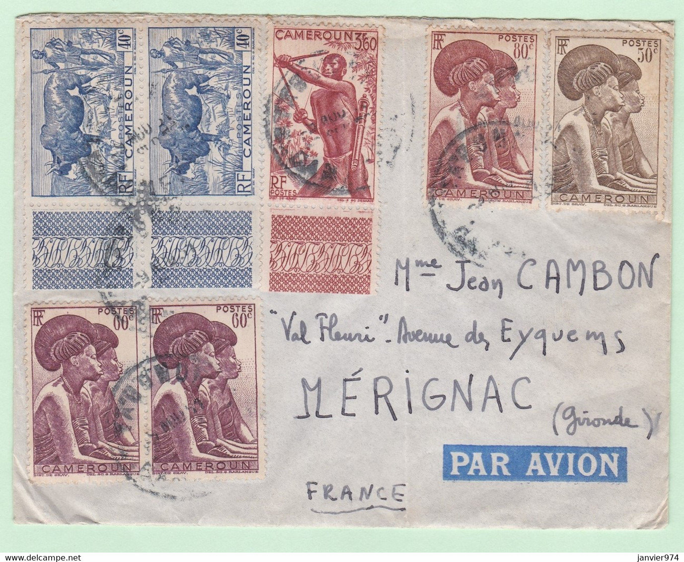Lettre 1951 Cameroun Yaoundé Pour Mérignac Gironde, 12 Timbres - Briefe U. Dokumente