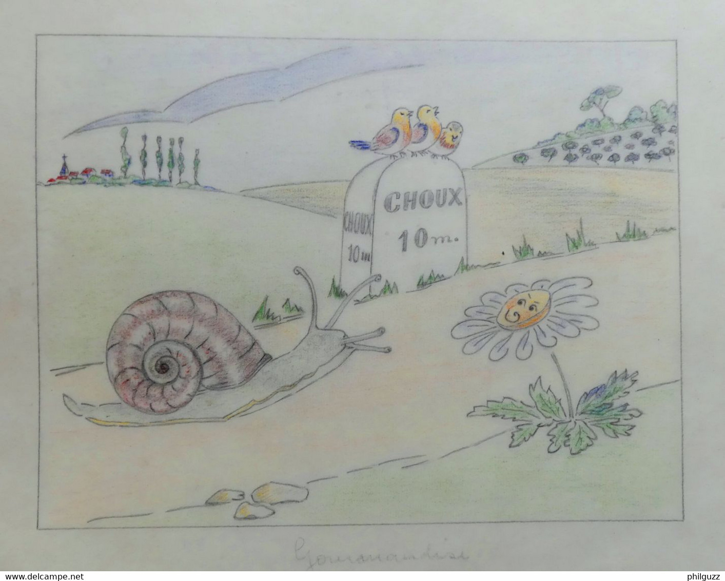 DESSIN ORIGINAL G REUZE ALBUM A COLORIE LINE ET PAT Calque Mine De Plomb Crayons De Couleurs GOURMANDISE ESCARGOT - Original Drawings