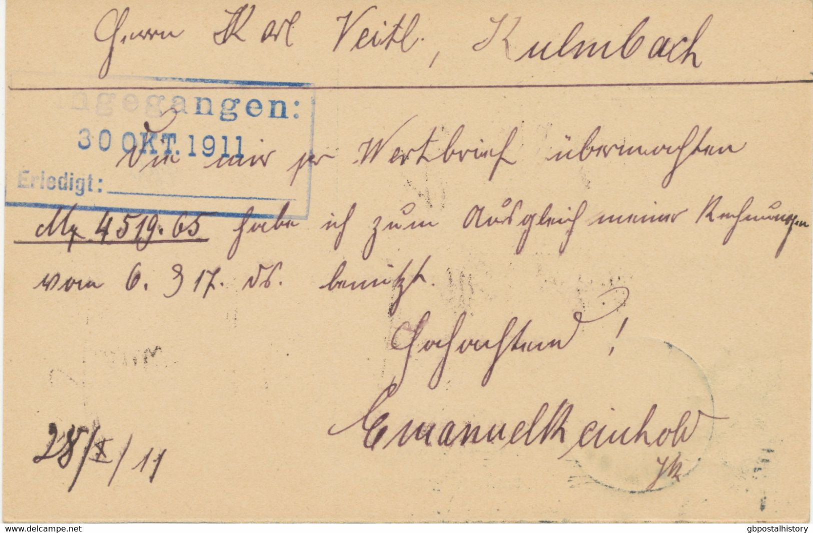 BAYERN ORTSSTEMPEL HEILIGENSTADT (OF.) K2 1911 Auf 5 Pf Luitpold GA-Postkarte-Antwortteil, Sehr Selten - Entiers Postaux