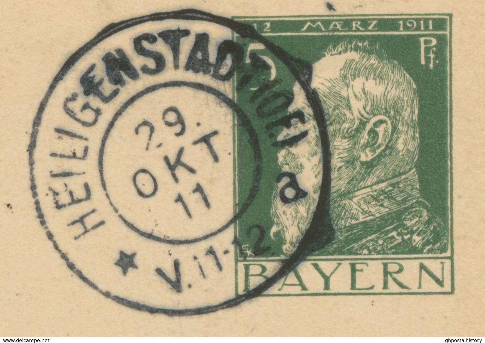 BAYERN ORTSSTEMPEL HEILIGENSTADT (OF.) K2 1911 Auf 5 Pf Luitpold GA-Postkarte-Antwortteil, Sehr Selten - Ganzsachen