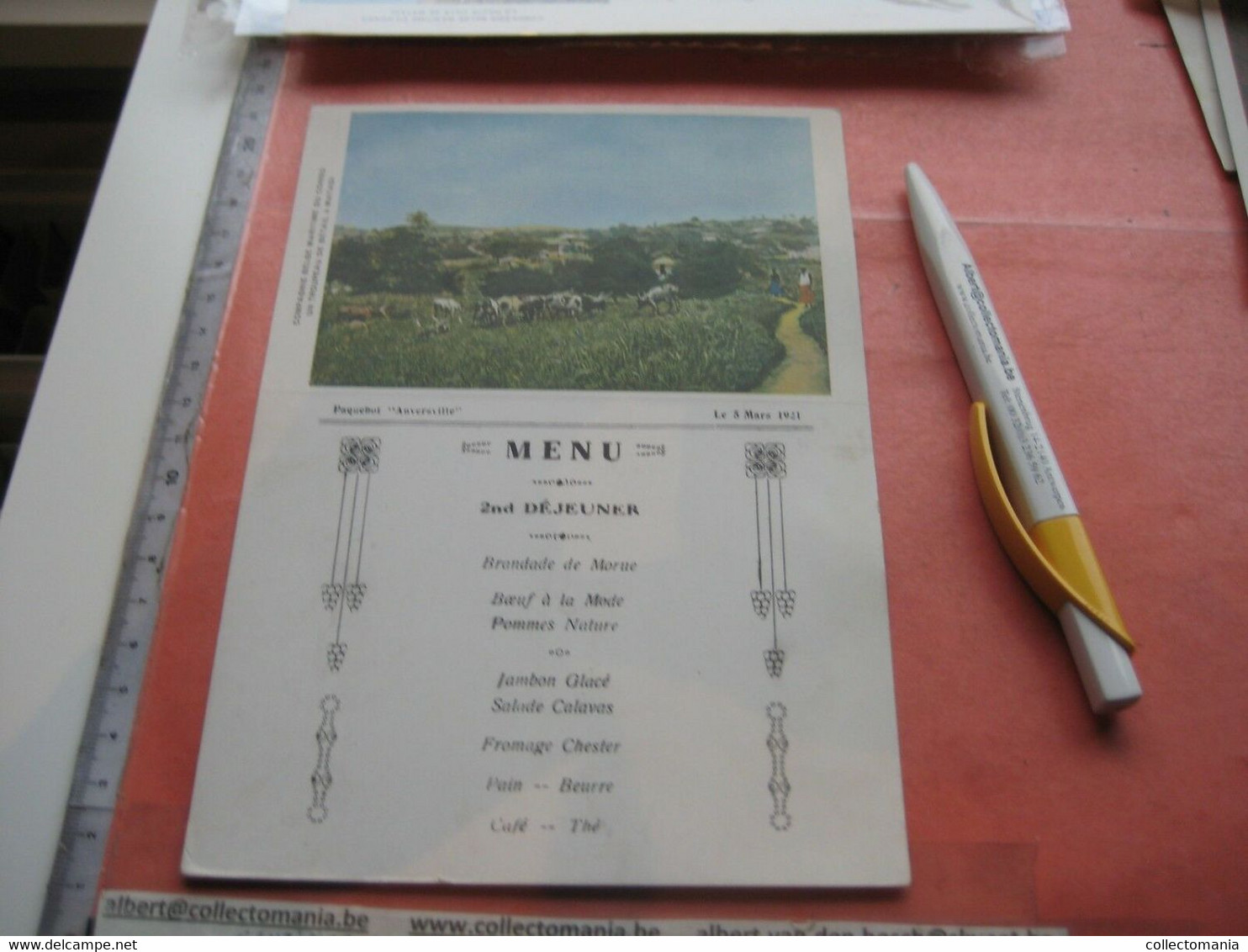 Authentic Menu Card, 1921 Congo Boat ANVERSVILLE, 20cmX13,8cm, MATADI Cows VG -  5 March 1921   DEJEUNER = Breakfast - Menus